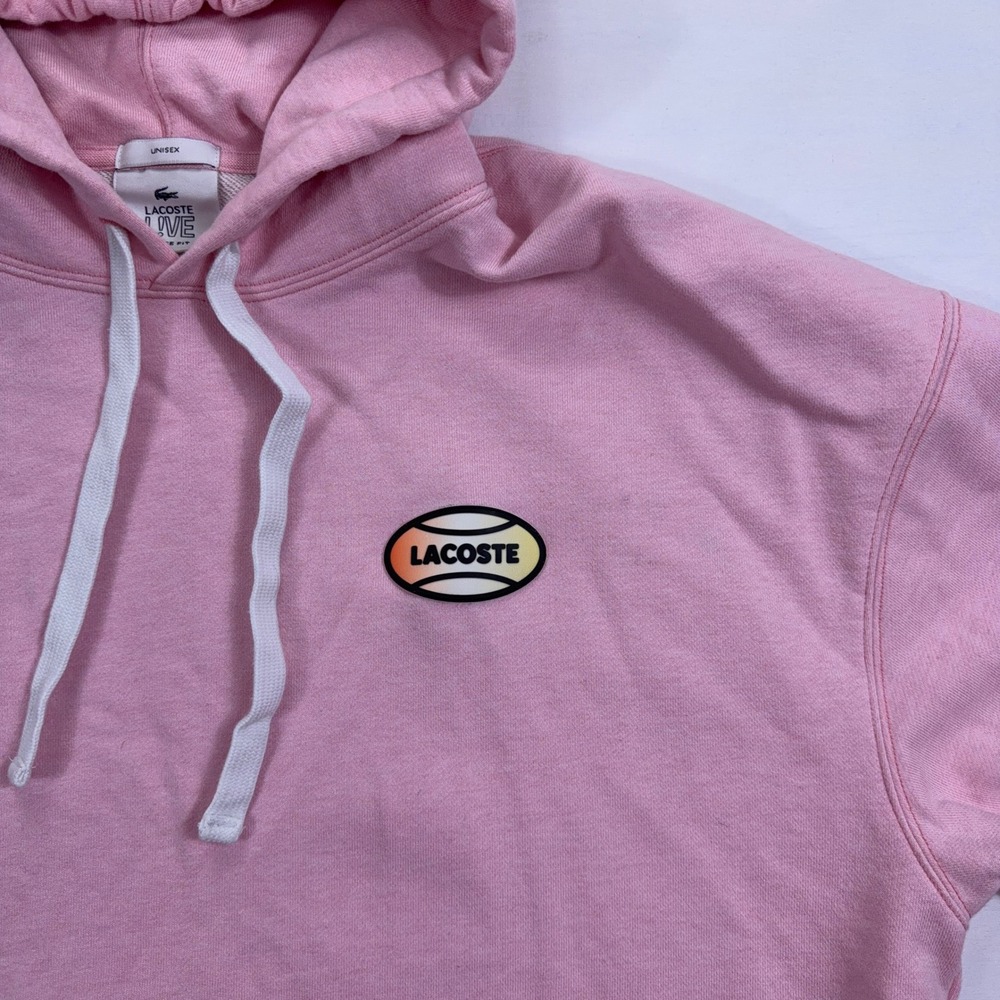 Lacoste Live Unisex Loose Fit Hoodie Tennis Logo Pullover Pink Size Large‎